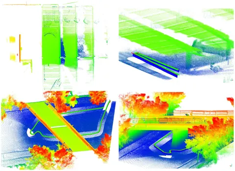 以垂直光達（vertical lidar）生成的巡檢點雲：上排為停車場、下排為橋梁，左為平面圖、右為斜視圖