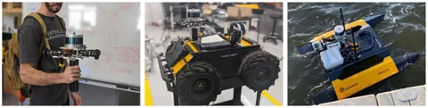三種巡檢載具：手持裝置（背包放電腦與電池）、Clearpath Husky 地面無人車與無人水面載具，均搭載相同的感測基礎模組