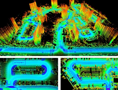 以 CLINS 連續時間軌跡組合 SICK LMS-511 二維 LiDAR 掃描，得到 KAIST Urban-07 的稠密三維重建