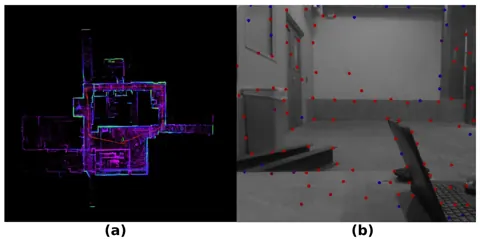 (a) LiDAR 建圖與里程計結果；(b) VINS-Mono 在低光環境中的特徵追蹤