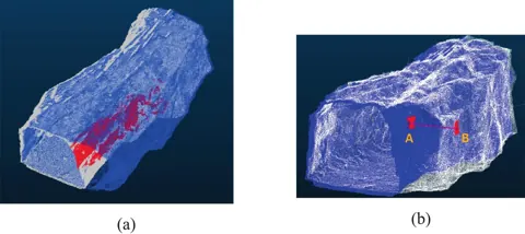 實際擴挖案例的 NIFCyl 結果：大於 2 m 擴挖的點以紅色標示，並以兩個平坦區中心距離作人工比對
