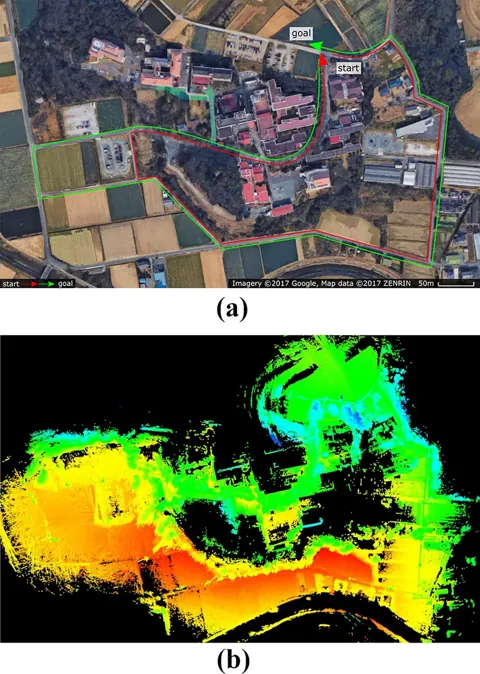 室外起伏地形的軌跡與加入 GPS 約束後的三維點雲地圖