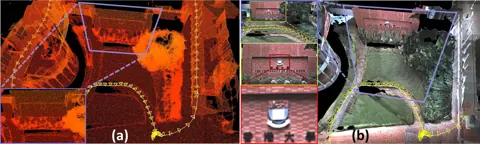 ImMesh 線上重建的三角網格與估計位姿，並以 R3LIVE 相機位姿貼上影像紋理的結果