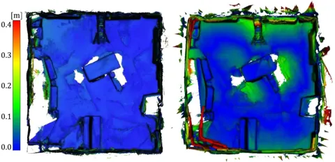 EuRoC V1_02 重建網格以網格到點誤差著色，比較 OKVIS2-X 深度版與 SimpleMapping