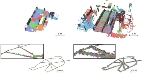由體積子地圖產生的三維重建，左為學習式深度、右為 LiDAR，上排 Hilti exp06、下排 VBR Ciampino0