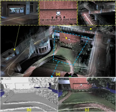 R3LIVE 即時重建的稠密 RGB 上色點雲與行走軌跡；arXiv 版另含離線網格與貼圖結果
