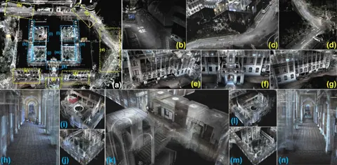 香港大學主建物的即時重建輻射地圖鳥瞰，並附室外與室內細部