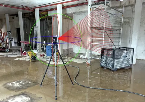 工地現場架設的地面雷射掃描儀與雜亂、積水的結構體施工場景