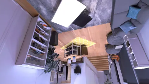 Replica 與 ScanNet、Matterport3D 的 RGB、幾何、法向與語意渲染比較（圖為 Replica 的 RGB 渲染）