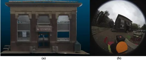 GeoSLAM 行動式 SLAM 掃描所得的 Bouwpub 正立面點雲，以及掃描器內建相機拍攝的全景影像