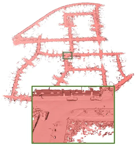 KITTI 00 序列的里程計軌跡與大範圍網格地圖，全流程約 54 fps